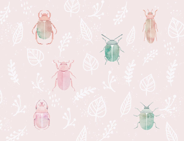 Colourful beetles, leaves and twigs patterned wallpaper