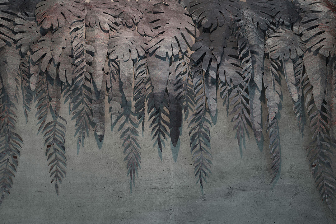 Graphite stone palm leaves 3D wall mural