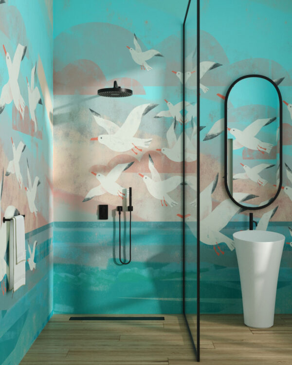 Flock of seagulls over the sea wall mural for the bathroom