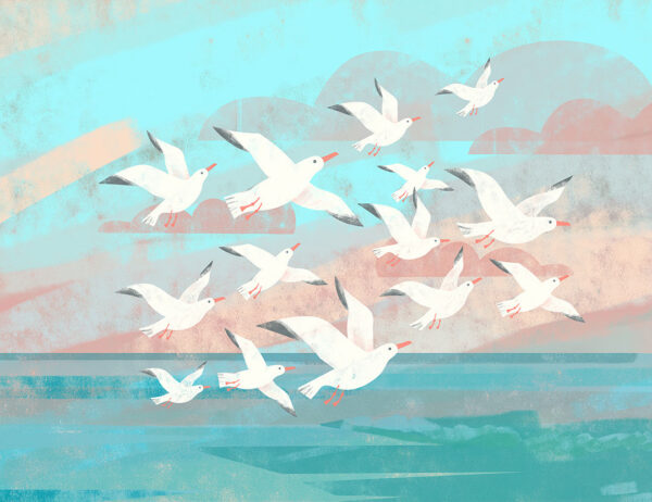 Flock of seagulls over the sea wall mural