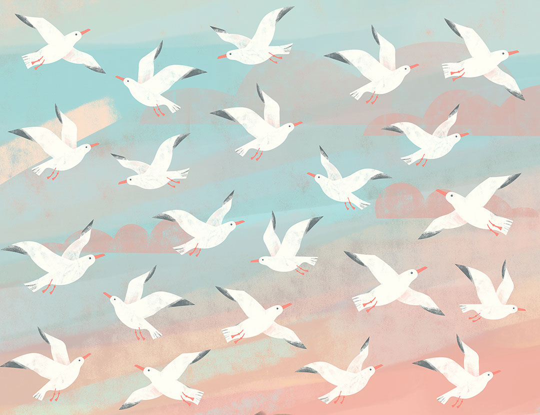 Seagulls and geometric clouds in the sky patterned wallpaper