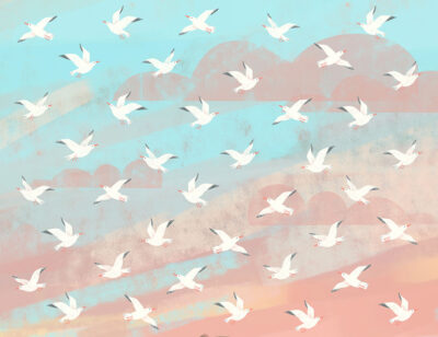 Little seagulls and geometric clouds in the sky patterned wallpaper