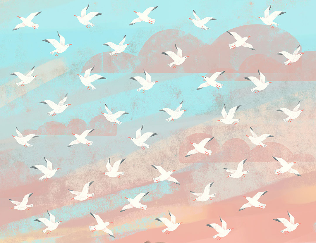 Little seagulls and geometric clouds in the sky patterned wallpaper