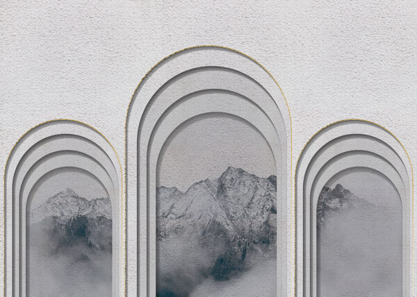 Arches with mountains 3D wall mural on a grey textured background