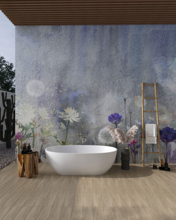 Watercolour wildflowers and dandelions wall mural for the bathroom