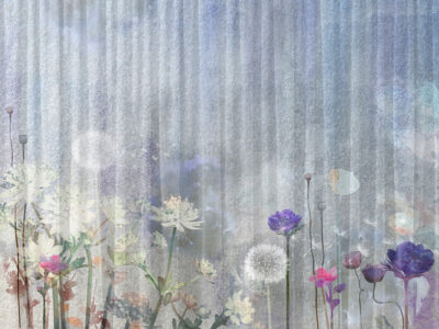 Watercolour wildflowers and dandelions on the striped background wall mural