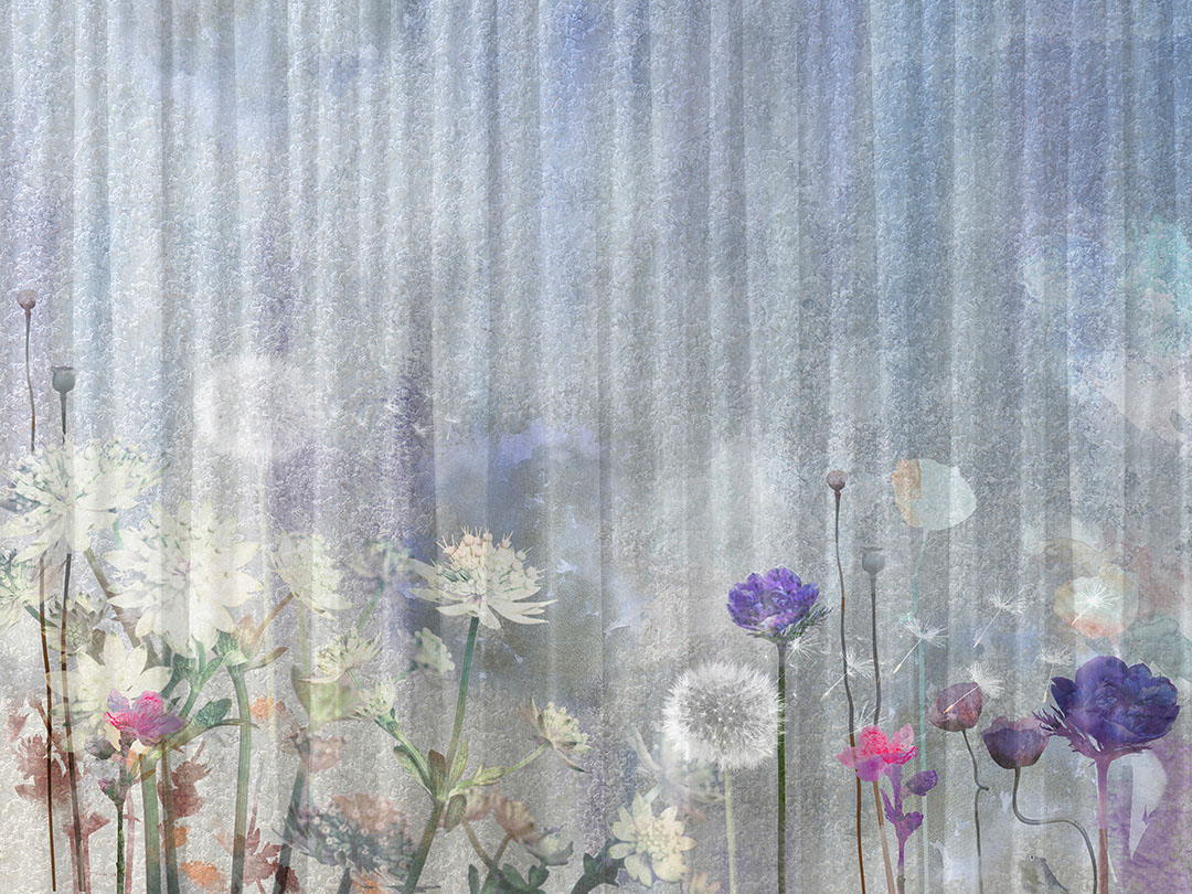Watercolour wildflowers and dandelions on the striped background wall mural