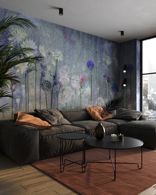 Watercolour wildflowers wall mural with canvas texture for the living room