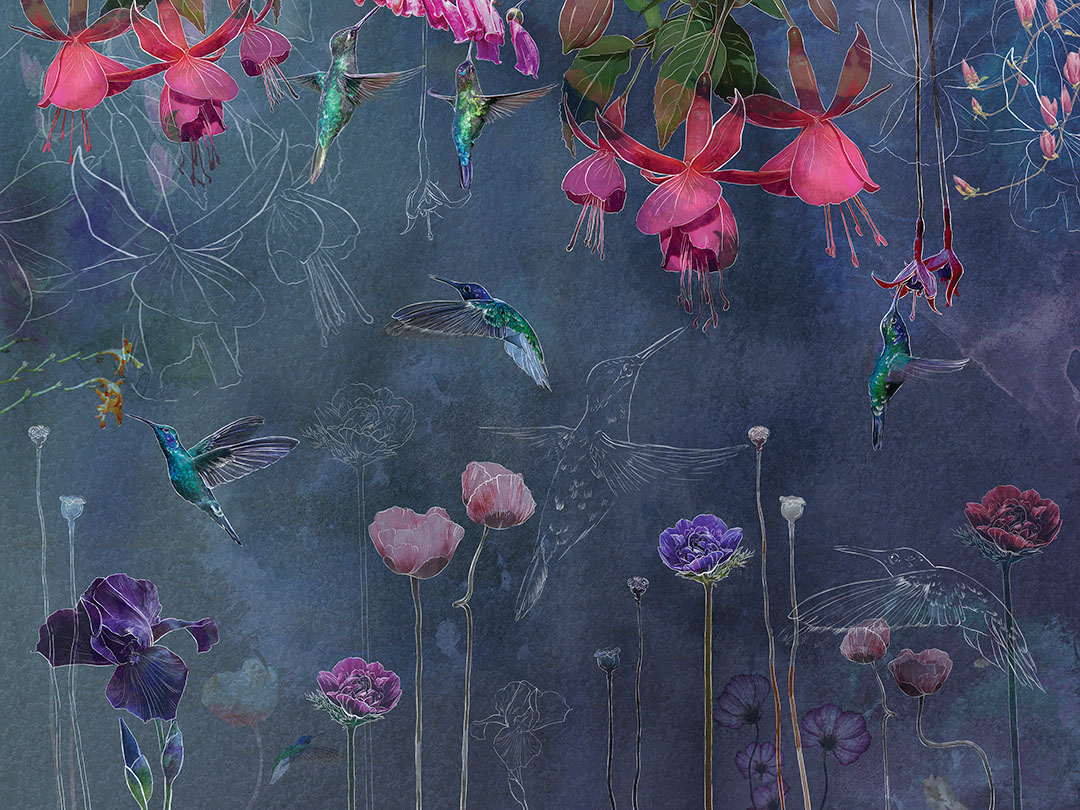Bright hummingbirds with delicate flowers on the navy blue background wall mural