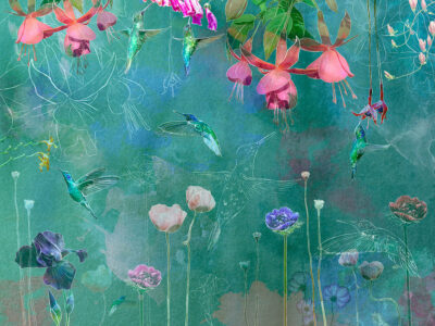 Bright hummingbirds with delicate flowers on the green background wall mural