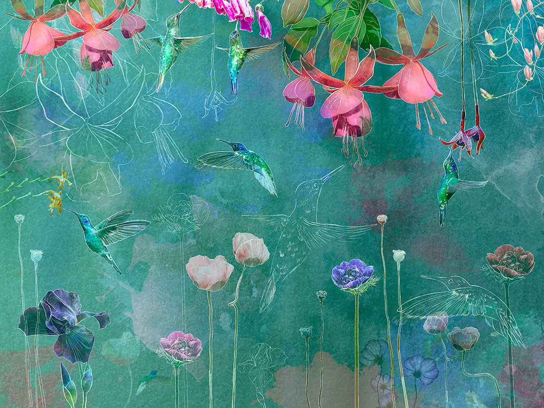 Bright hummingbirds with delicate flowers on the green background wall mural