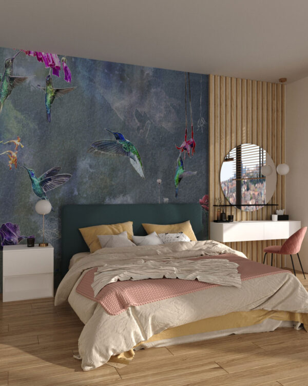 Neon hummingbirds and watercolour flowers wall mural for the bedroom