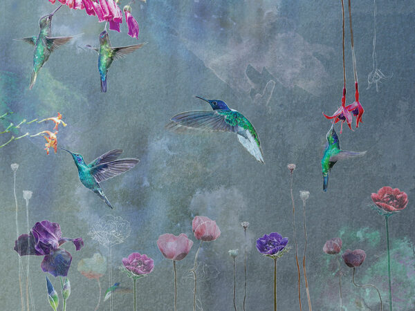 Neon hummingbirds and watercolour flowers wall mural