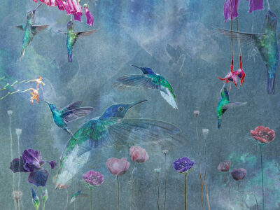 Colourful hummingbirds and watercolour flowers wall mural