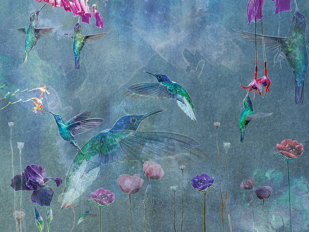 Colourful hummingbirds and watercolour flowers wall mural