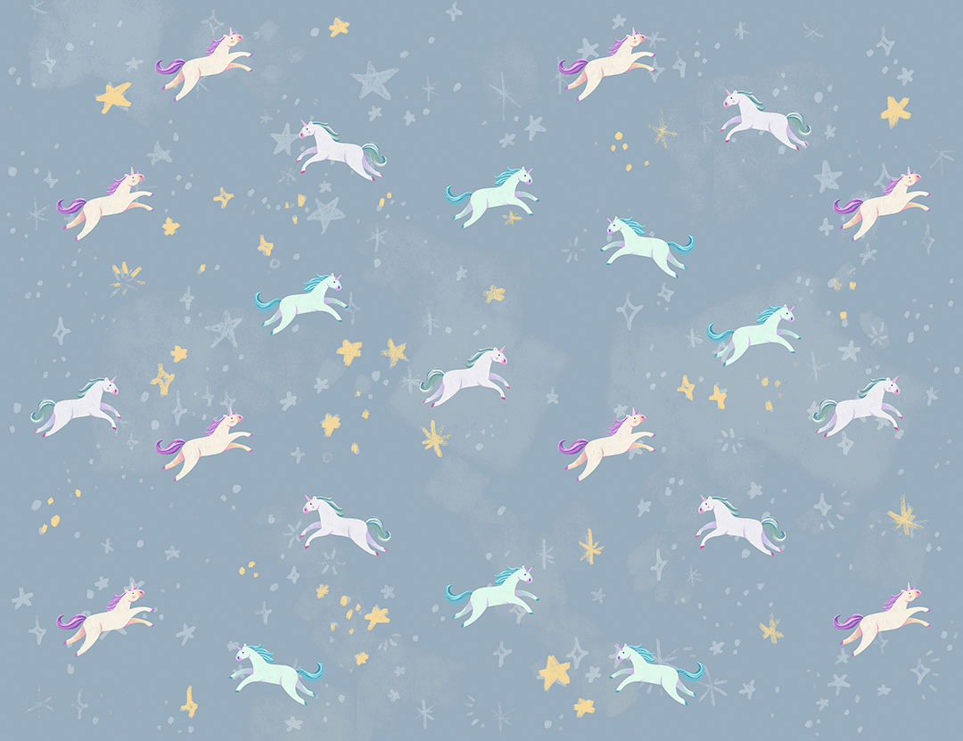 Cute tiny unicorns on a blue sky patterned wallpaper