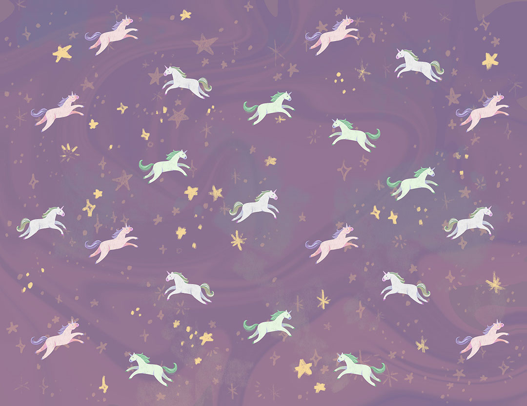 Cute tiny unicorns on a violet sky patterned wallpaper