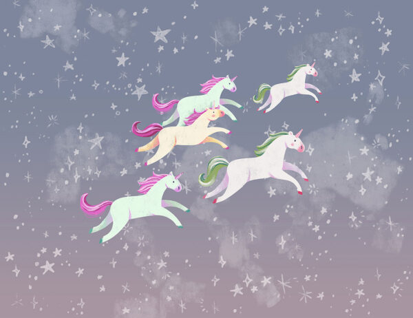 Herd of unicorns among the stars in blue sky wall mural