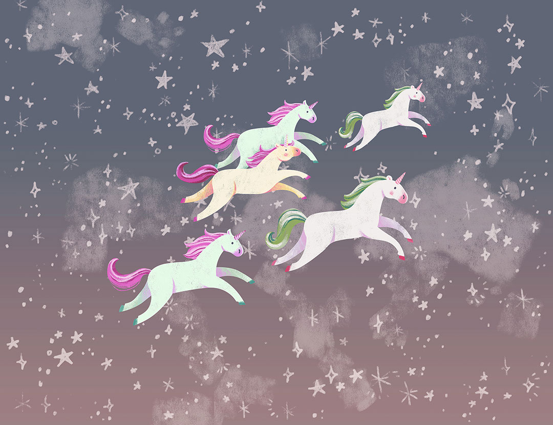 Herd of unicorns among the stars in dark sky wall mural