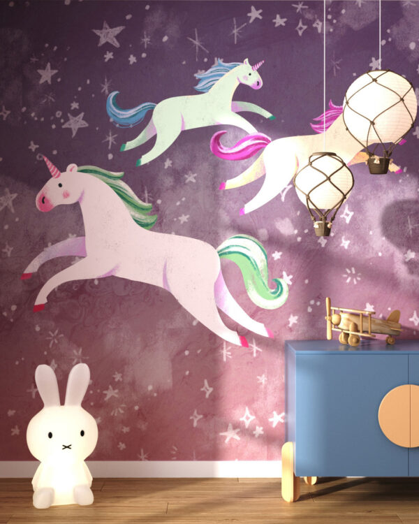 Colourful unicorns with stars wall mural for a children's room