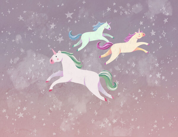 Colourful unicorns with stars on a purple sky wall mural