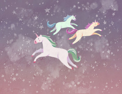 Colourful unicorns with stars on a violet sky wall mural