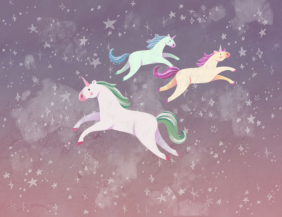 Colourful unicorns with stars on a violet sky wall mural