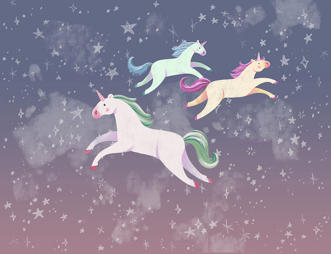 Colourful unicorns with stars on a blue sky wall mural