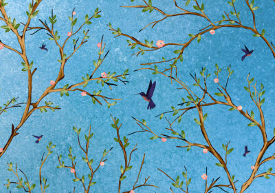 Apple tree branches and birds on the blue sky wall mural