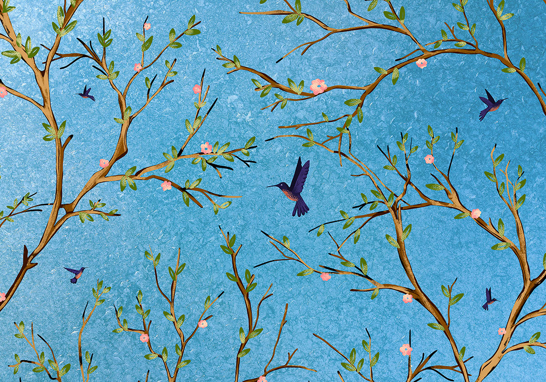 Apple tree branches and birds on the blue sky wall mural
