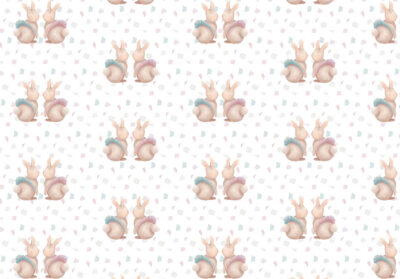 Rabbits in tutus with tiles patterned wallpaper