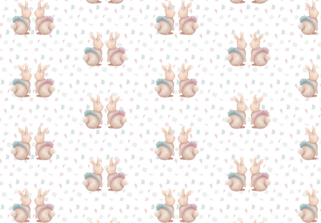 Rabbits in tutus with tiles patterned wallpaper