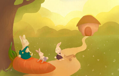 Family of rabbits near a fairy house wall mural