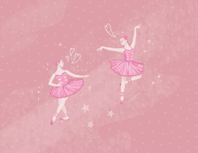 Dance of two ballerinas on the pink background wall mural