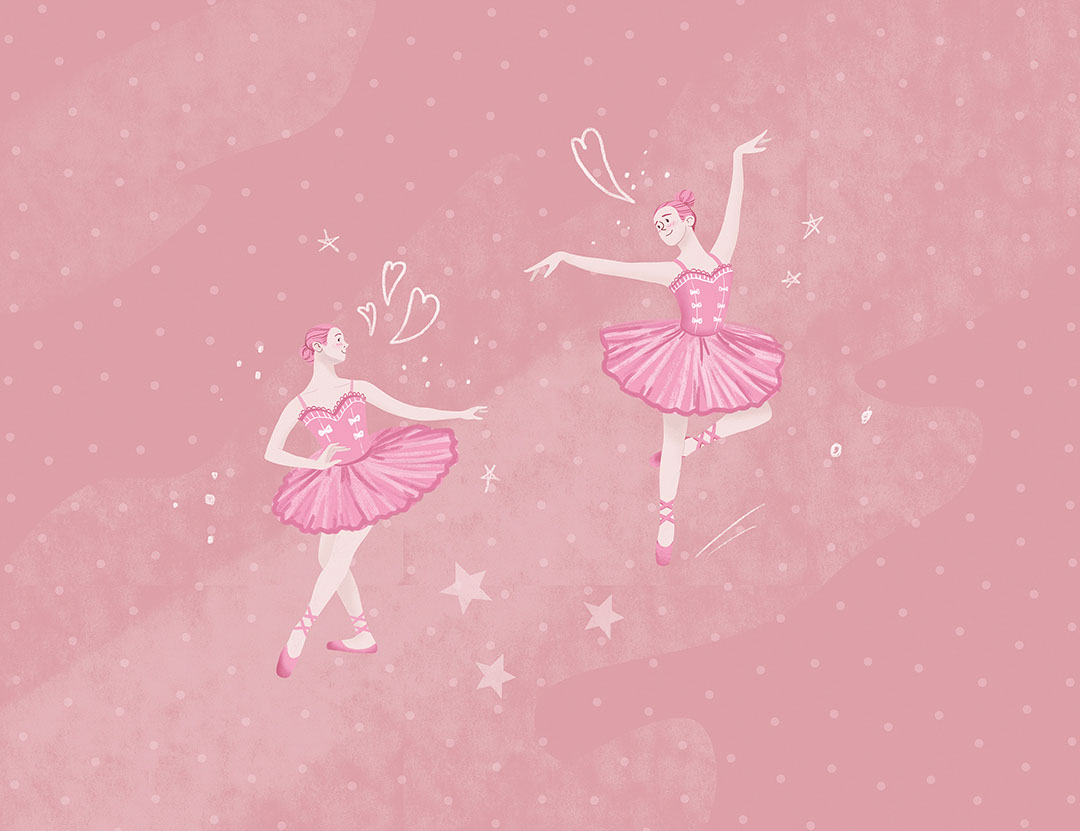 Dance of two ballerinas on the pink background wall mural