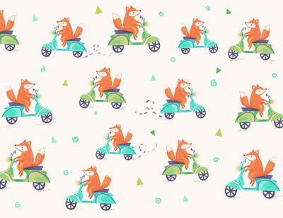 Funny foxes on scooters on the light background patterned wallpaper