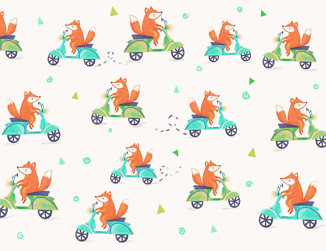 Funny foxes on scooters on the light background patterned wallpaper