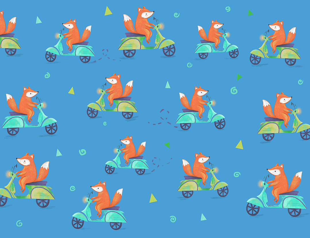Funny foxes on scooters on the blue background patterned wallpaper