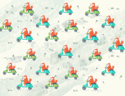 Little foxes on scooters patterned wallpaper