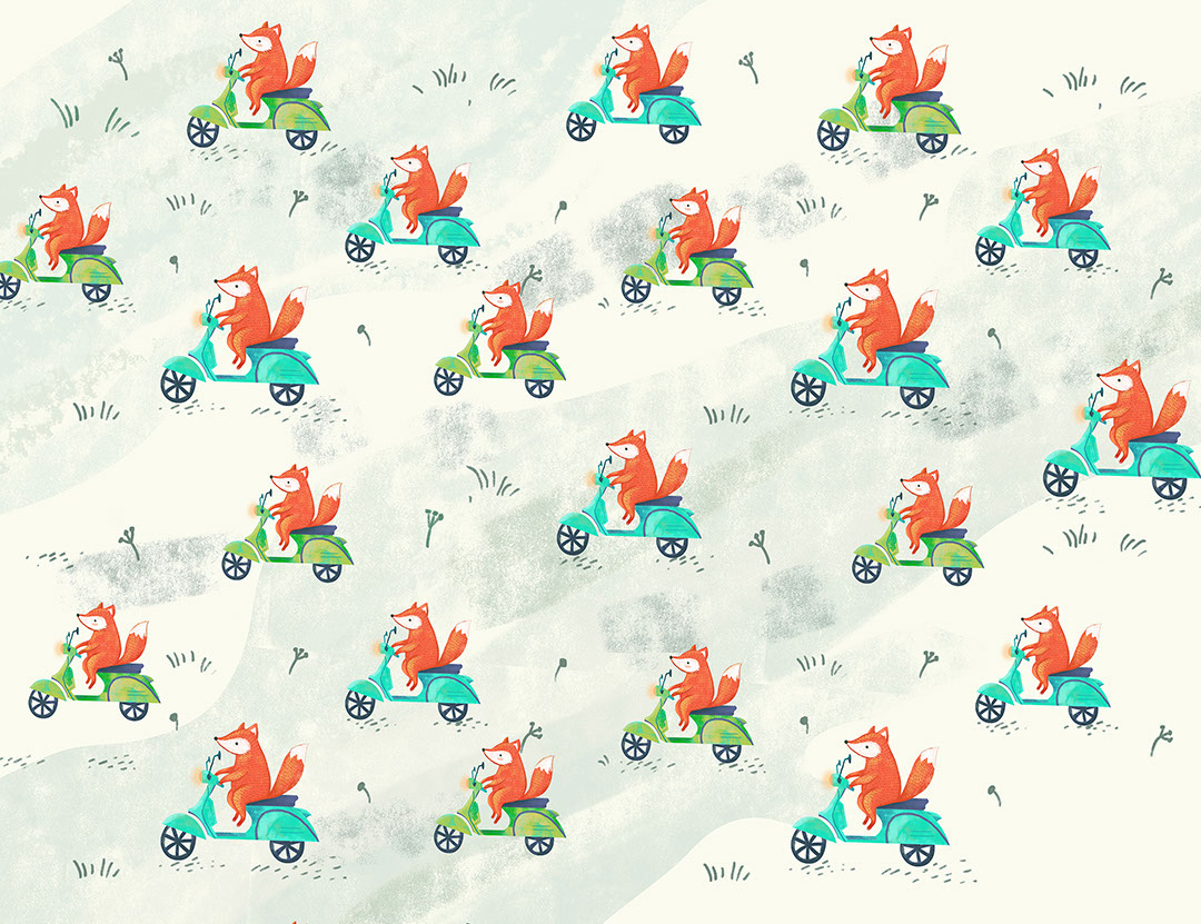 Little foxes on scooters patterned wallpaper