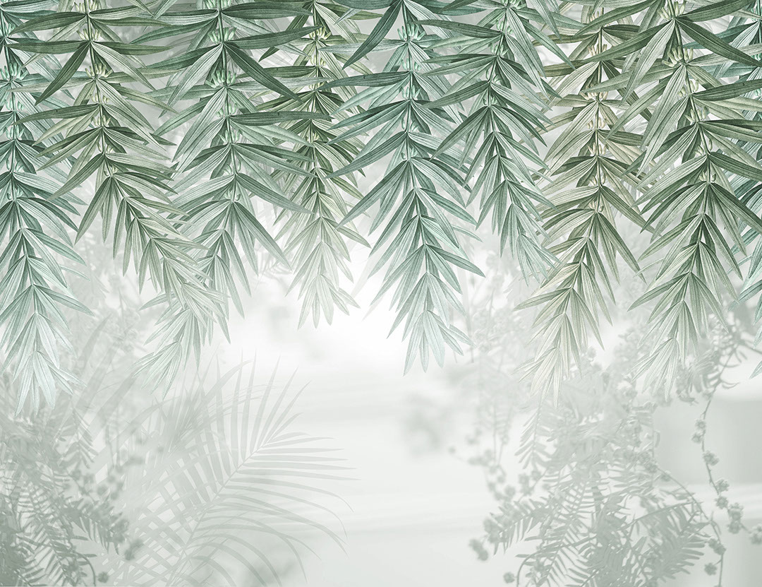 Overhanging green willow branches wall mural