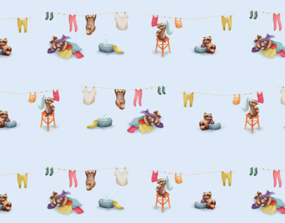 Cute raccoons rinse their laundry patterned wallpaper