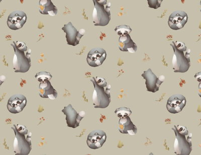 Raccoons and delicate branches on a grey background patterned wallpaper