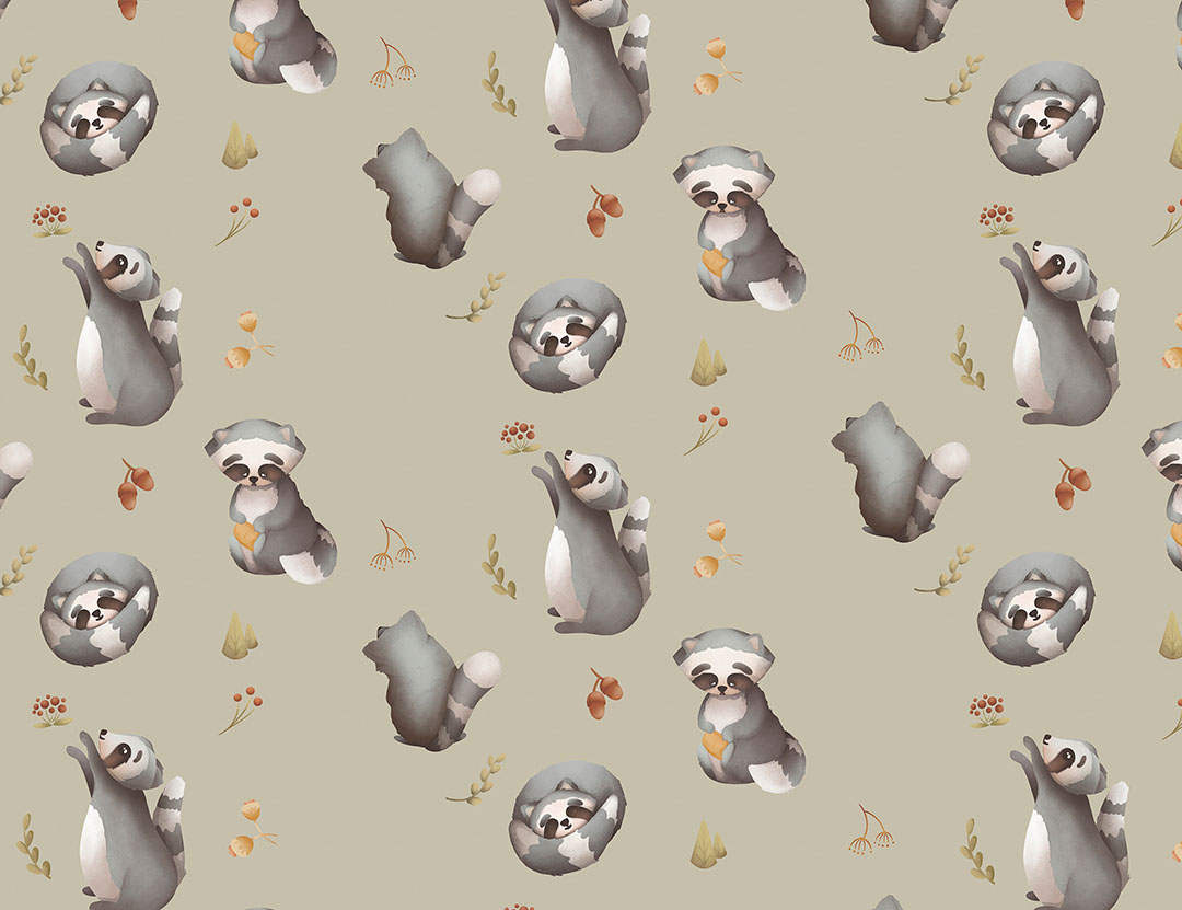 Raccoons and delicate branches on a grey background patterned wallpaper