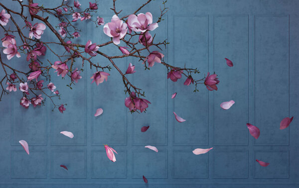 Purple cherry blossoms 3D wall mural with blue wall panels