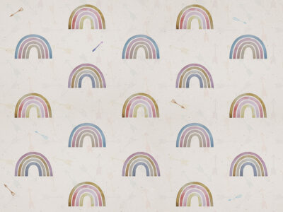 Patterned wallpaper with rainbows and arrows on a light background