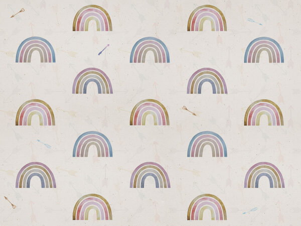 Patterned wallpaper with rainbows and arrows on a light background