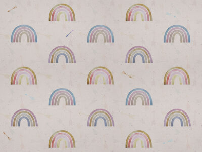 Patterned wallpaper with rainbows and arrows on a beige background