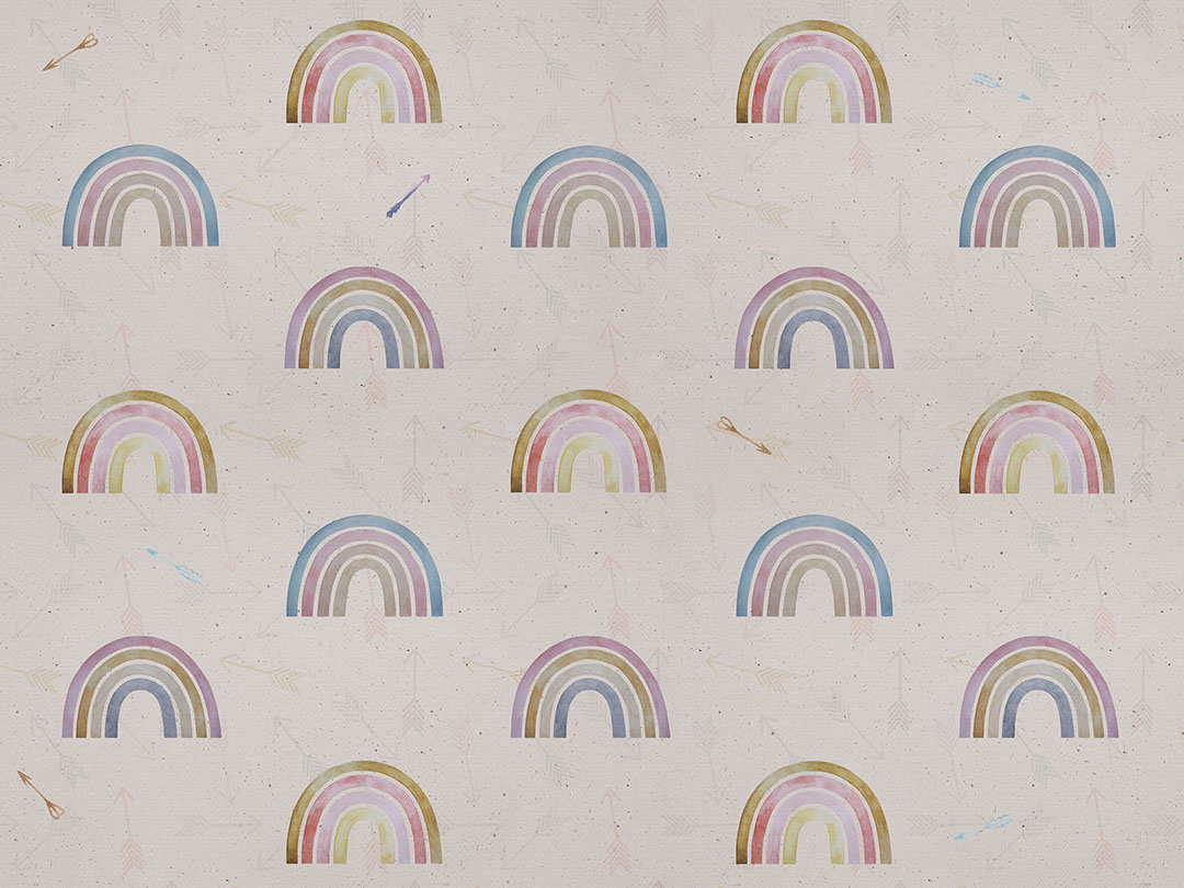 Patterned wallpaper with rainbows and arrows on a beige background