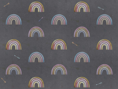 Patterned wallpaper with colourful rainbows and arrows on a dark background